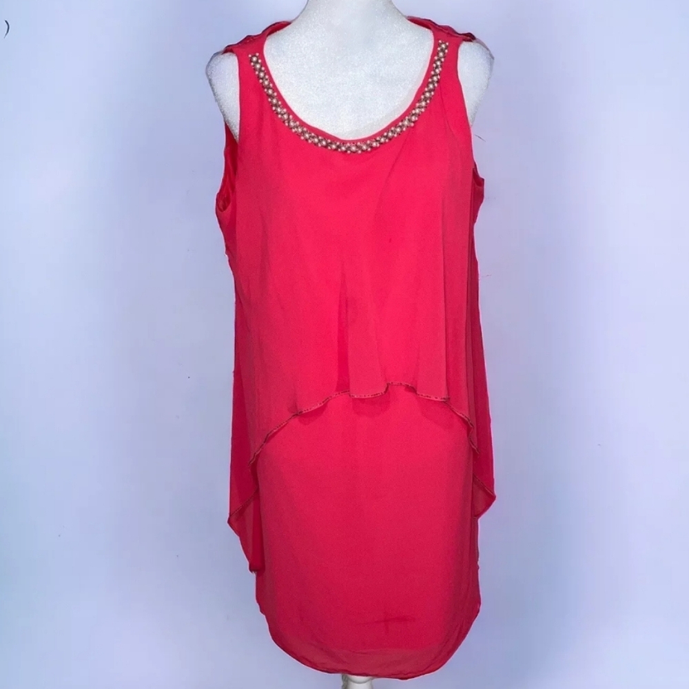Womens SLNY hot Pink Tiered Cocktail Party Dress Layered Pearl Look Trim Sz 24